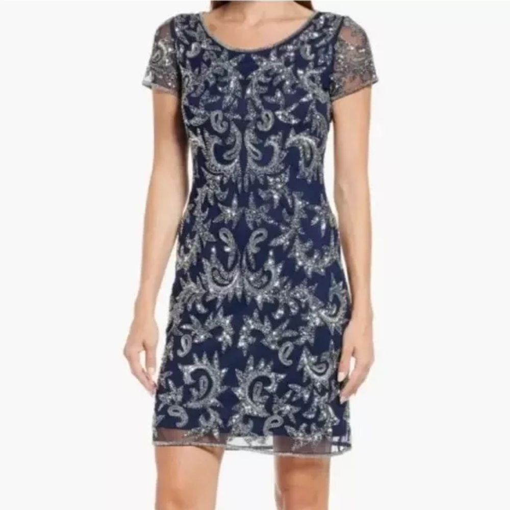 Pisarro Nights beaded mesh cocktail sequin sheath dress, navy blue 8